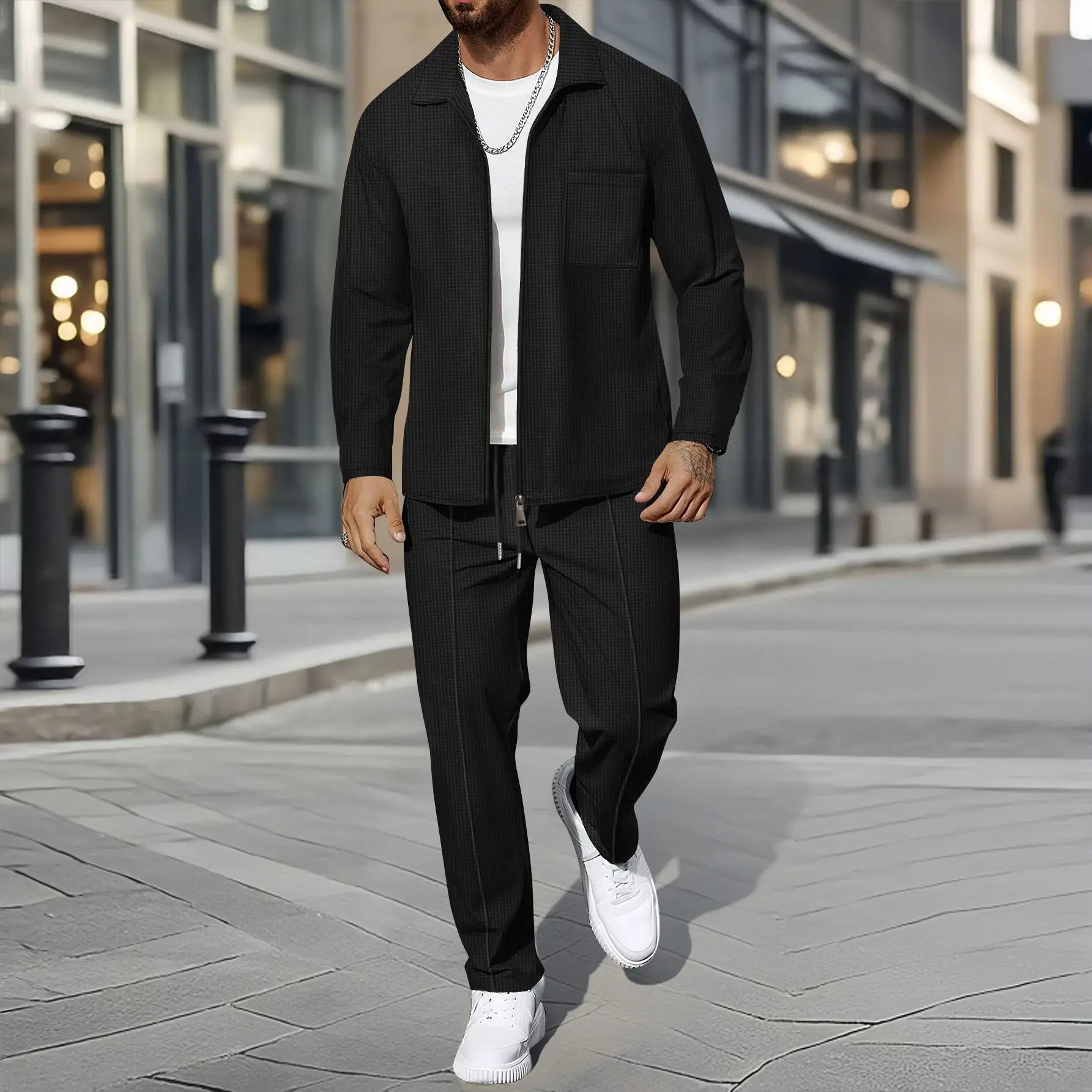 Herren Business Casual Zweiteiliges Set Frühling Herbst Waffel Reißverschluss Hemd Mantel und Hose Trendiges modisches Outfit